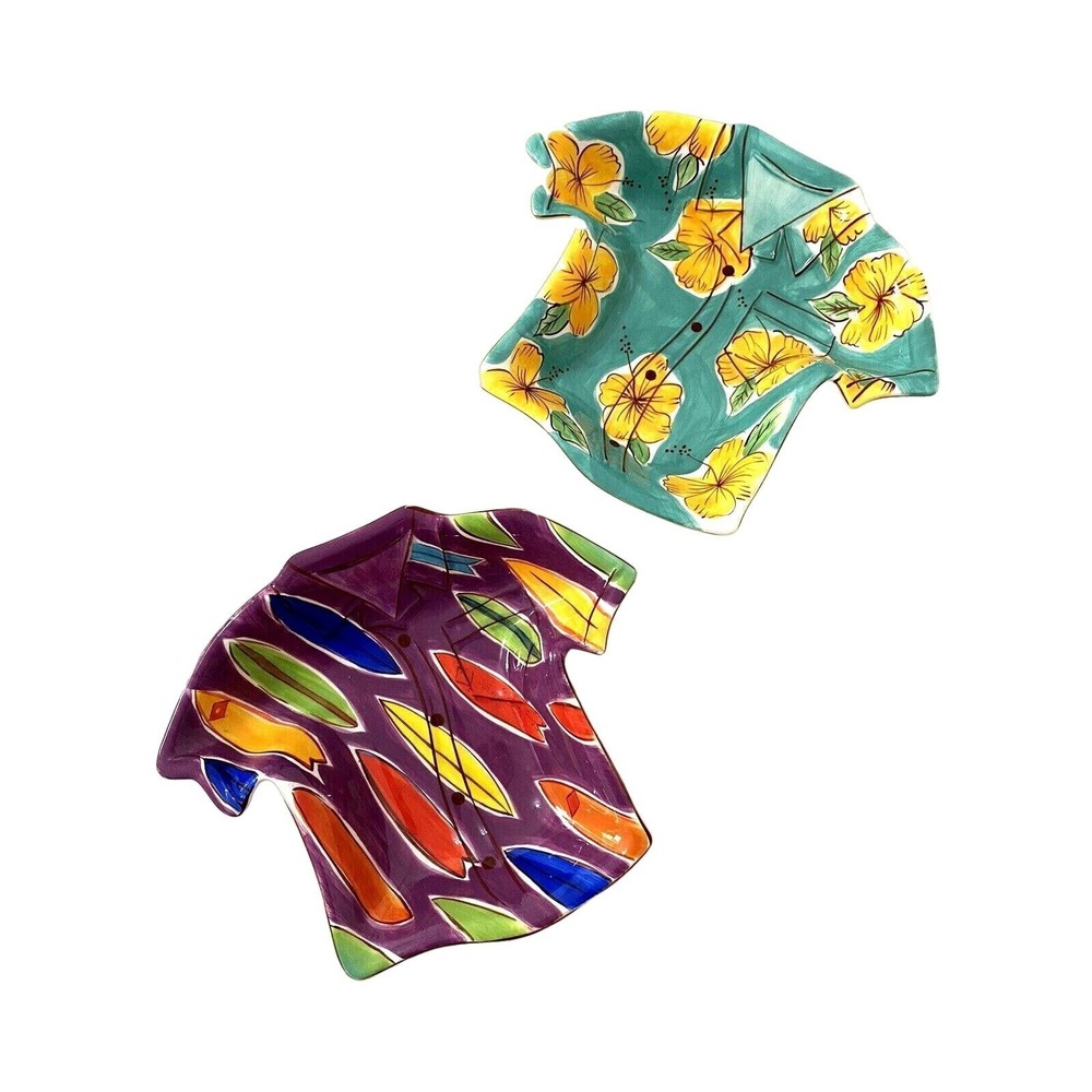 Clay Art Hawaiian Shirt Bowl Lot of 2 Tropical Home Decor Party‎ Serving Pieces